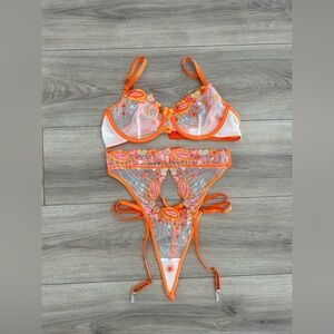 Orange and White Embroidered Lingerie Set